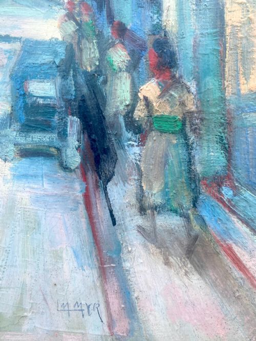fig 2. A mid-century French colourist oil painting depicting a sunlit Mediterranean street scene with palm trees, buildings, and figures.