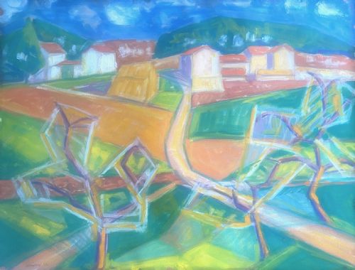 CUBIST ABSTRACTED MEDITERRANEAN LANDSCAPE 1953 PROVENCE THE ALPILLES VIBRANT FRENCH GOUACHE PAINTING ON PAPER - ADDITIONAL PHOTO 6