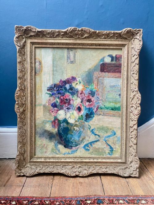 ANEMONES IN AN INTERIOR CA 1930 LUMINIST POINTILLIST FLORAL STILL LIFE OIL ON CANVAS - ADDITIONAL PHOTO 1