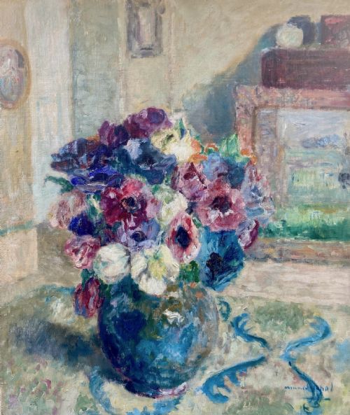 ANEMONES IN AN INTERIOR CA 1930 LUMINIST POINTILLIST FLORAL STILL LIFE OIL ON CANVAS - ADDITIONAL PHOTO 2