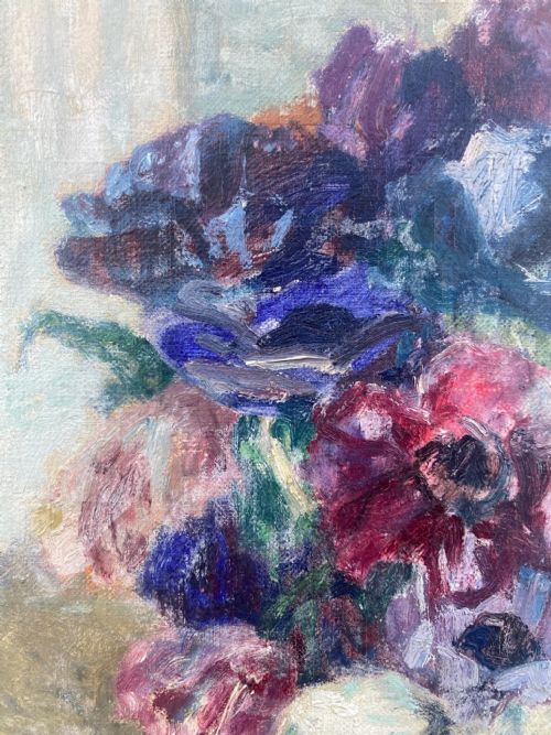 ANEMONES IN AN INTERIOR CA 1930 LUMINIST POINTILLIST FLORAL STILL LIFE OIL ON CANVAS - ADDITIONAL PHOTO 3