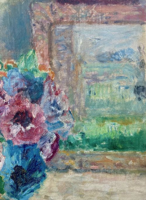 ANEMONES IN AN INTERIOR CA 1930 LUMINIST POINTILLIST FLORAL STILL LIFE OIL ON CANVAS - ADDITIONAL PHOTO 4
