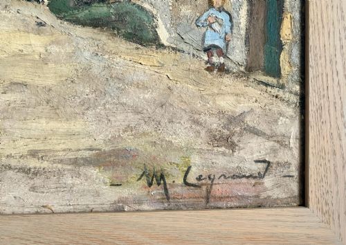 AVANT GARDE VILLAGE SCENE CA 1940 THE SPRIT OF WARTIME RESISTANCE WOMAN ARTIST MERCEDES LEGRAND OIL ON CANVAS - ADDITIONAL PHOTO 1