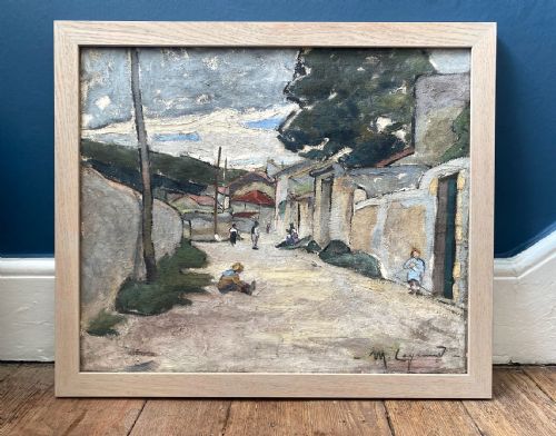 AVANT GARDE VILLAGE SCENE CA 1940 THE SPRIT OF WARTIME RESISTANCE WOMAN ARTIST MERCEDES LEGRAND OIL ON CANVAS - ADDITIONAL PHOTO 2
