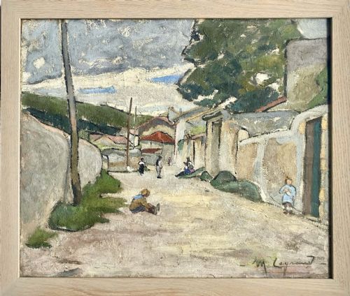 AVANT GARDE VILLAGE SCENE CA 1940 THE SPRIT OF WARTIME RESISTANCE WOMAN ARTIST MERCEDES LEGRAND OIL ON CANVAS - ADDITIONAL PHOTO 4