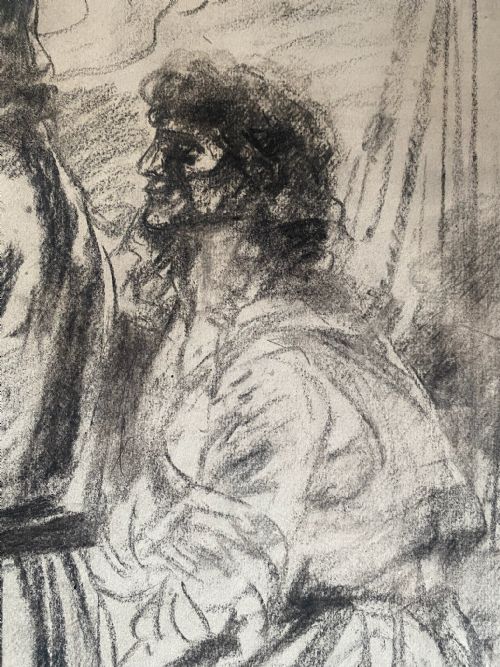 fig 1. A monochrome 1923 charcoal drawing on paper depicting standing coastal figures in draped garments looking upward.