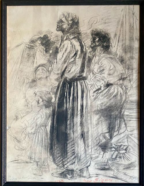 fig 2. A monochrome 1923 charcoal drawing on paper depicting standing coastal figures in draped garments looking upward.