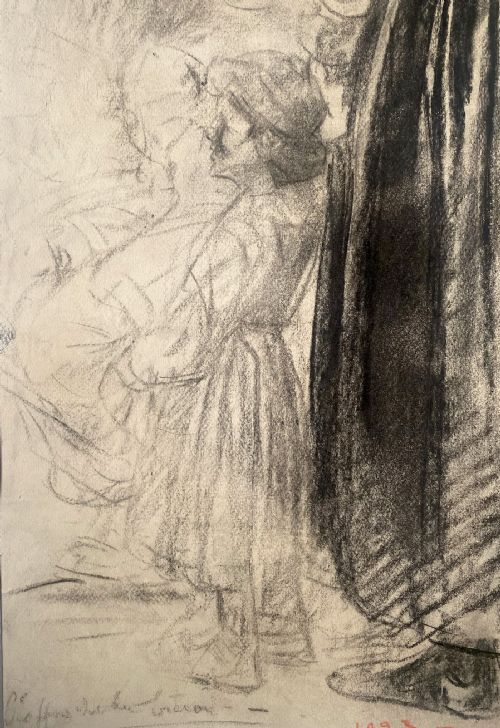 fig 3. A monochrome 1923 charcoal drawing on paper depicting standing coastal figures in draped garments looking upward.