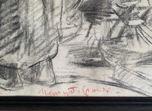 fig 4. A monochrome 1923 charcoal drawing on paper depicting standing coastal figures in draped garments looking upward.