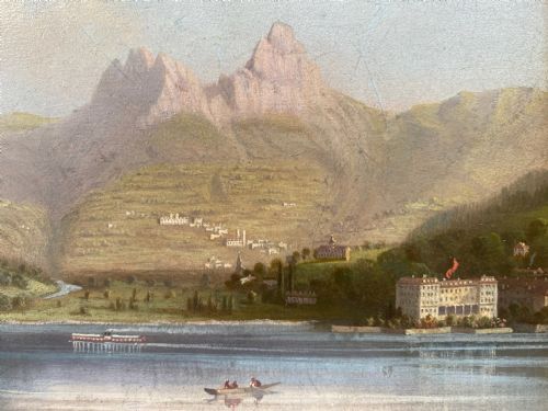 fig 1. Magic Mountain: a boating summer holiday, ca 1890: Lake Lucerne Swiss majestic miniature oil on panel painting