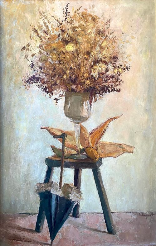 INTIMATE INTERIOR CA 1950 LARGE STRIKING FRENCH MODERNIST WOMAN ARTIST OIL ON CANVAS - ADDITIONAL PHOTO 1
