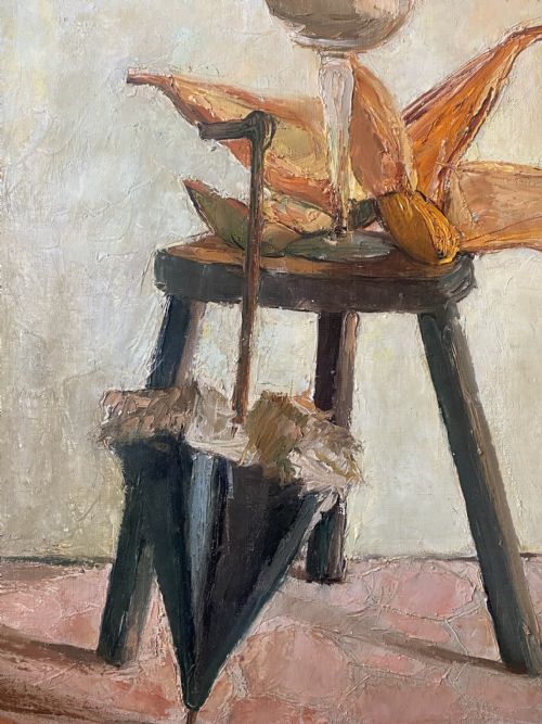 INTIMATE INTERIOR CA 1950 LARGE STRIKING FRENCH MODERNIST WOMAN ARTIST OIL ON CANVAS - ADDITIONAL PHOTO 2