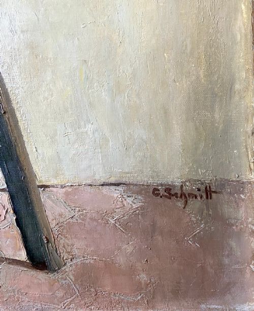 INTIMATE INTERIOR CA 1950 LARGE STRIKING FRENCH MODERNIST WOMAN ARTIST OIL ON CANVAS - ADDITIONAL PHOTO 4
