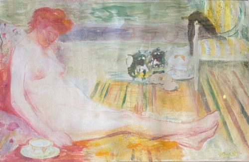 THE TEA HOUR CA 1918 INTIMIST BONNARDESQUE INTERIOR SCENE BY WOMAN ARTIST OIL ON PAPER - ADDITIONAL PHOTO 1