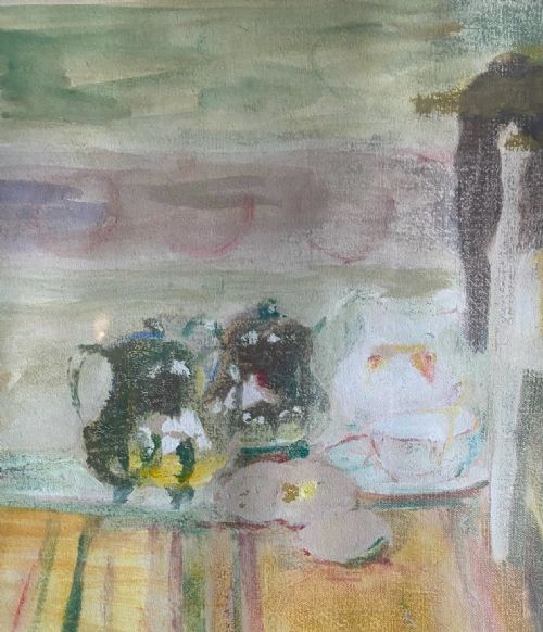 THE TEA HOUR CA 1918 INTIMIST BONNARDESQUE INTERIOR SCENE BY WOMAN ARTIST OIL ON PAPER - ADDITIONAL PHOTO 3