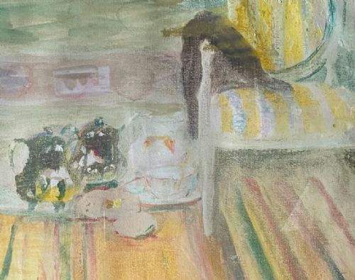 THE TEA HOUR CA 1918 INTIMIST BONNARDESQUE INTERIOR SCENE BY WOMAN ARTIST OIL ON PAPER - ADDITIONAL PHOTO 4