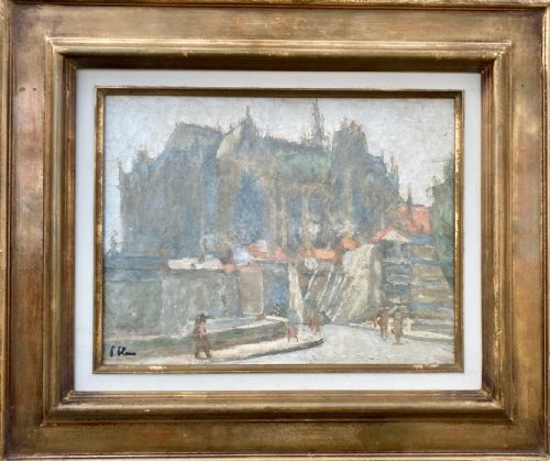 POST IMPRESSIONIST CATHEDRAL SCENE MORNING BUSTLE FRANCE CA 1920 OIL ON BOARD - ADDITIONAL PHOTO 1