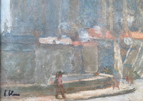 POST IMPRESSIONIST CATHEDRAL SCENE MORNING BUSTLE FRANCE CA 1920 OIL ON BOARD - ADDITIONAL PHOTO 2