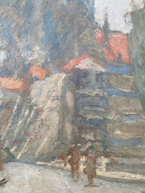 POST IMPRESSIONIST CATHEDRAL SCENE MORNING BUSTLE FRANCE CA 1920 OIL ON BOARD - ADDITIONAL PHOTO 3