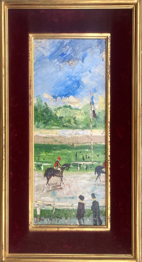 AT THE RACES LONGCHAMP CIRCA 1960 A DYNAMIC FRENCH EXPRESSIONIST HORSE RACING SCENE IN OIL ON CANVAS BY GABRIEL DAUCHOT - ADDITIONAL PHOTO 1
