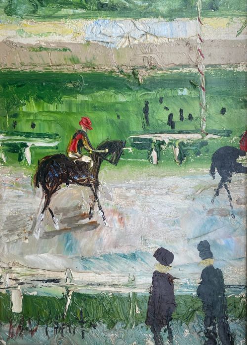 AT THE RACES LONGCHAMP CIRCA 1960 A DYNAMIC FRENCH EXPRESSIONIST HORSE RACING SCENE IN OIL ON CANVAS BY GABRIEL DAUCHOT - ADDITIONAL PHOTO 2