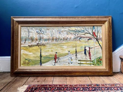 LARGE CITYSCAPE WITH PIERROT AND HARLEQUIN THE IMAGINARY QUAYS PARIS CA 1960 BY GABRIEL DAUCHOT OIL ON CANVAS - ADDITIONAL PHOTO 1