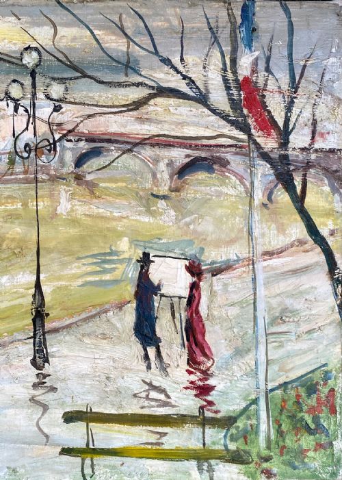 LARGE CITYSCAPE WITH PIERROT AND HARLEQUIN THE IMAGINARY QUAYS PARIS CA 1960 BY GABRIEL DAUCHOT OIL ON CANVAS - ADDITIONAL PHOTO 3