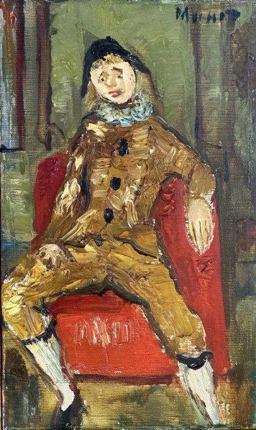 fig 1. French Expressionist Harlequin Montmartre ca 1950 by Gabriel Dauchot. Greta Garbo owned a similar work! Antique oil on canvas.