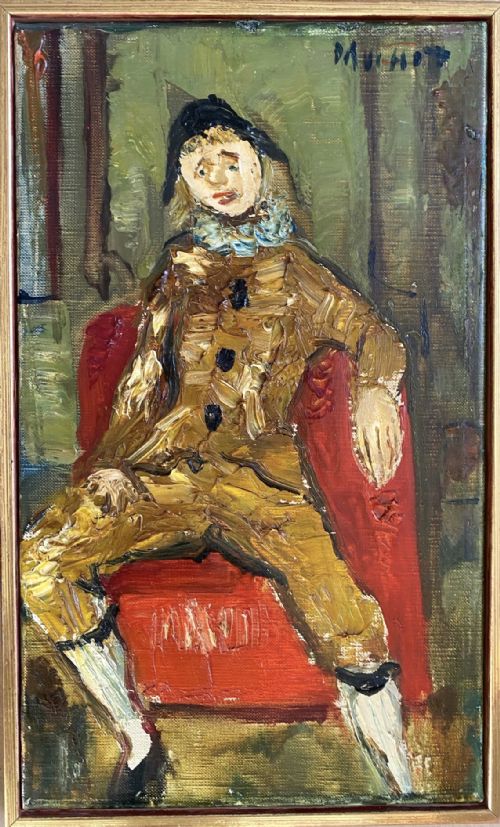 fig 2. French Expressionist Harlequin Montmartre ca 1950 by Gabriel Dauchot. Greta Garbo owned a similar work! Antique oil on canvas.