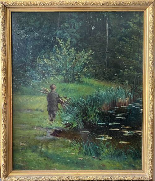 Young Boy in the Forest, Gathering Firewood, Ca 1880 French Barbizon Oil on Canvas