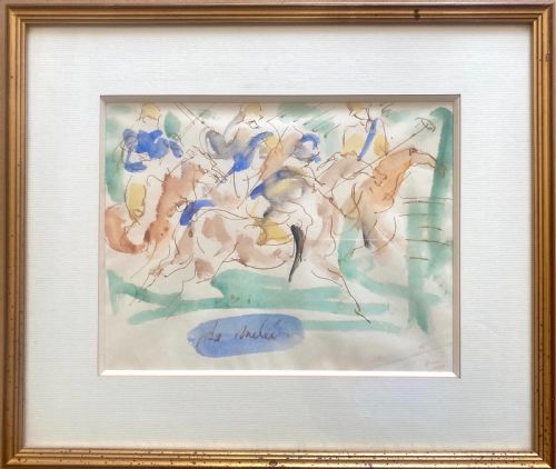 THE POLO MATCH CA 1935 EQUESTRIAN GEN PAUL STYLE EXPRESSIONIST WATERCOLOUR AND INK ON PAPER - ADDITIONAL PHOTO 1