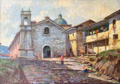 SUNLIGHT ON THE PLAZA CA 1940 COLOURFUL IMPRESSIONIST STREET SCENE WITH FIGURES LATIN AMERICAN OIL ON CANVAS