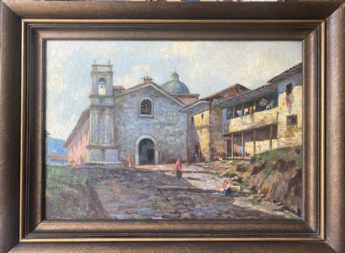 fig 1. An impressionist oil painting depicting a sunlit Latin American village plaza with a colonial church, tile-roofed buildings, and figures walking on a cobblestone road.