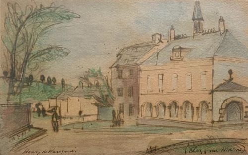 FIGURES BEFORE A TOWN HALL CA 1947 HENRY DE WAROQUIER FRENCH INK AND WATERCOLOUR MIXED MEDIA DRAWING