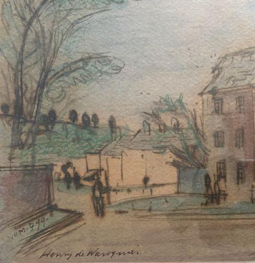 FIGURES BEFORE A TOWN HALL CA 1947 HENRY DE WAROQUIER FRENCH INK AND WATERCOLOUR MIXED MEDIA DRAWING - ADDITIONAL PHOTO 1