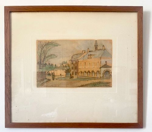 FIGURES BEFORE A TOWN HALL CA 1947 HENRY DE WAROQUIER FRENCH INK AND WATERCOLOUR MIXED MEDIA DRAWING - ADDITIONAL PHOTO 5