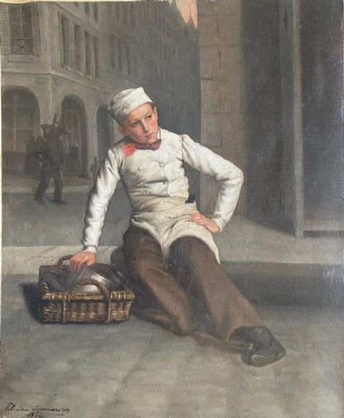 MARMITON APPRENTICE COOK RESTING PARIS C1850 SALONEXHIBITING WOMAN ARTIST OIL ON CANVAS