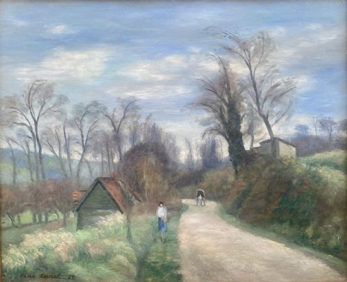 EARLY SPRING IN MONET COUNTRY THE ROAD TO POURVILLE NORMANDY 1928 RENE LEVREL LARGE OIL ON CANVAS