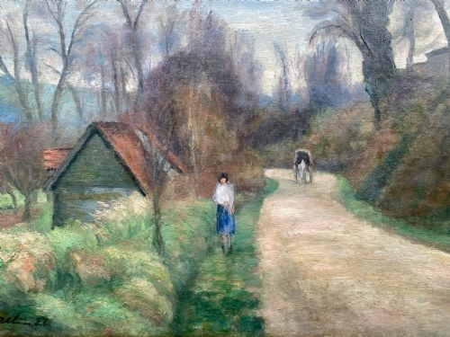 EARLY SPRING IN MONET COUNTRY THE ROAD TO POURVILLE NORMANDY 1928 RENE LEVREL LARGE OIL ON CANVAS - ADDITIONAL PHOTO 1