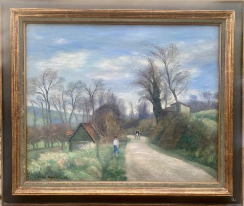 EARLY SPRING IN MONET COUNTRY THE ROAD TO POURVILLE NORMANDY 1928 RENE LEVREL LARGE OIL ON CANVAS - ADDITIONAL PHOTO 2