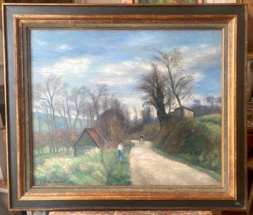 EARLY SPRING IN MONET COUNTRY THE ROAD TO POURVILLE NORMANDY 1928 RENE LEVREL LARGE OIL ON CANVAS - ADDITIONAL PHOTO 8