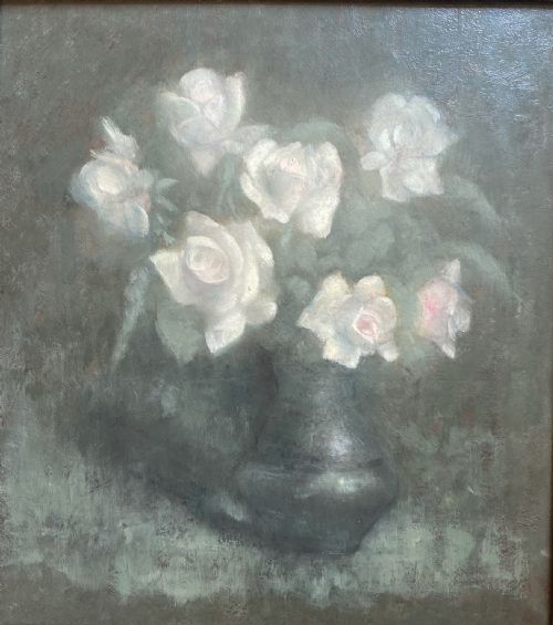 WHITE ROSES CA 1910 ART NOUVEAU PERIOD FLORAL STILL LIFE OIL ON BOARD - ADDITIONAL PHOTO 7