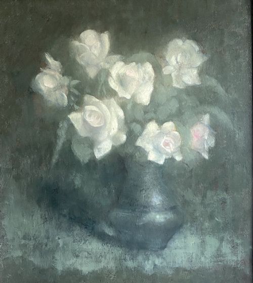 WHITE ROSES CA 1910 ART NOUVEAU PERIOD FLORAL STILL LIFE OIL ON BOARD