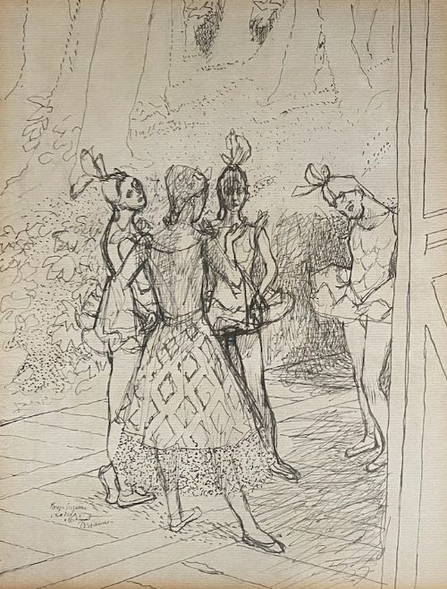 Ballerinas: Dancers Backstage at the Scala, Ca 1950 Maurice Brianchon Original Ink Line Drawing on Paper