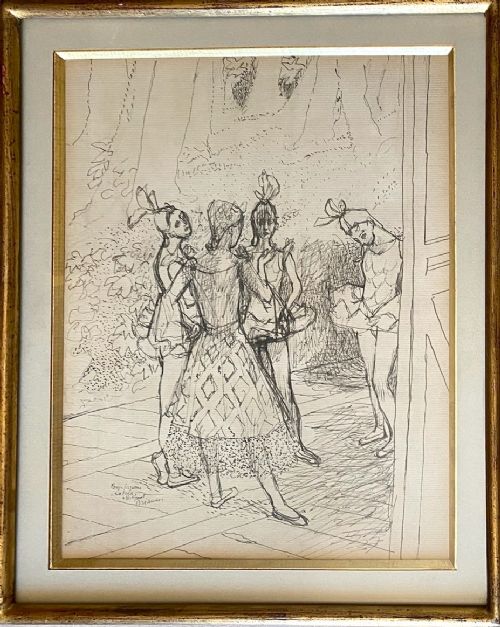 fig 1. An original black ink line drawing on cream paper depicting four ballerinas in costume standing backstage.