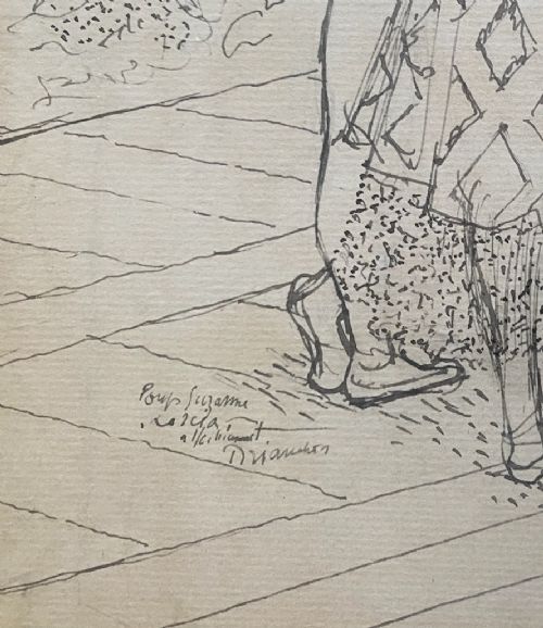 fig 2. An original black ink line drawing on cream paper depicting four ballerinas in costume standing backstage.