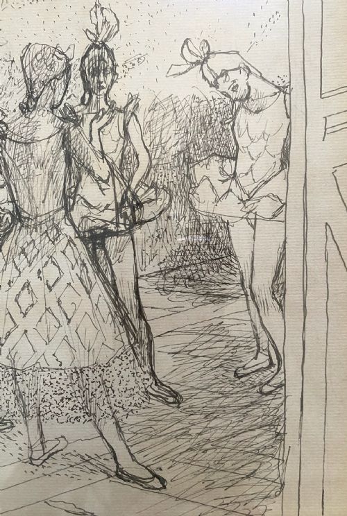 fig 3. An original black ink line drawing on cream paper depicting four ballerinas in costume standing backstage.