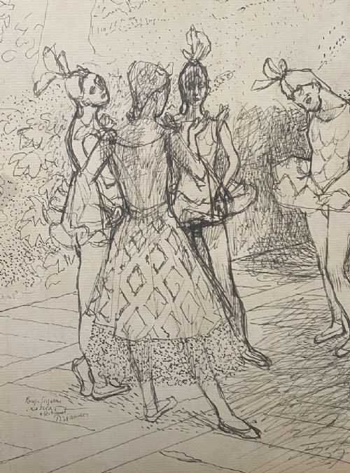 fig 4. An original black ink line drawing on cream paper depicting four ballerinas in costume standing backstage.