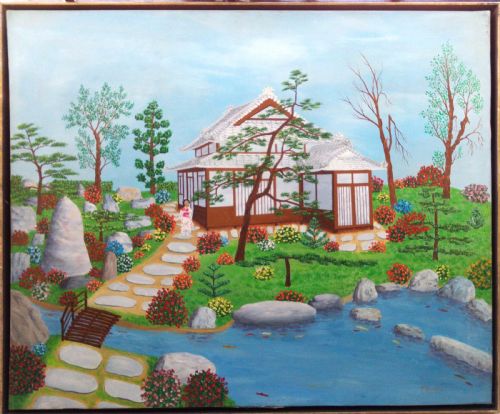 fig 1. An oil painting on canvas depicting a Japanese tea house set within a structured garden featuring a pond, stepping stone paths, trees, and colourful flowering bushes.