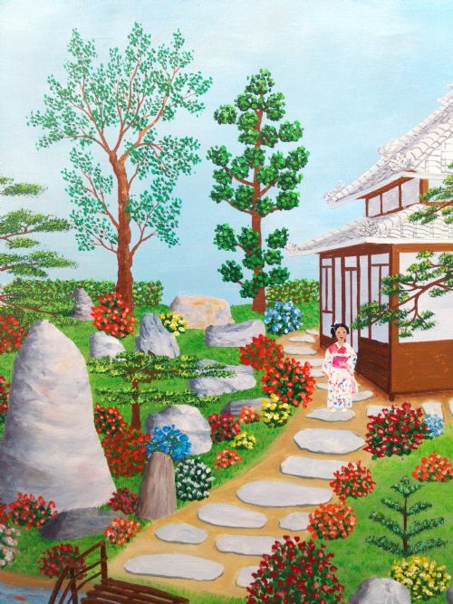 fig 2. An oil painting on canvas depicting a Japanese tea house set within a structured garden featuring a pond, stepping stone paths, trees, and colourful flowering bushes.